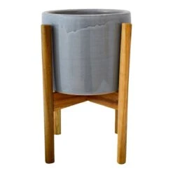 Anzio Pot With Wooden Stand - Grey 24cm