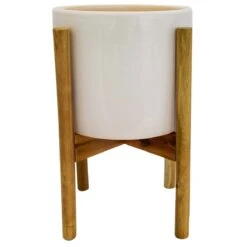 Anzio Stone White Planter With Wooden Stand