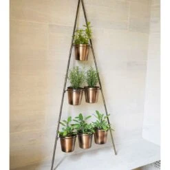 Outdoor Vertical Gold Metal Wall Plant Stand With Planters - Large