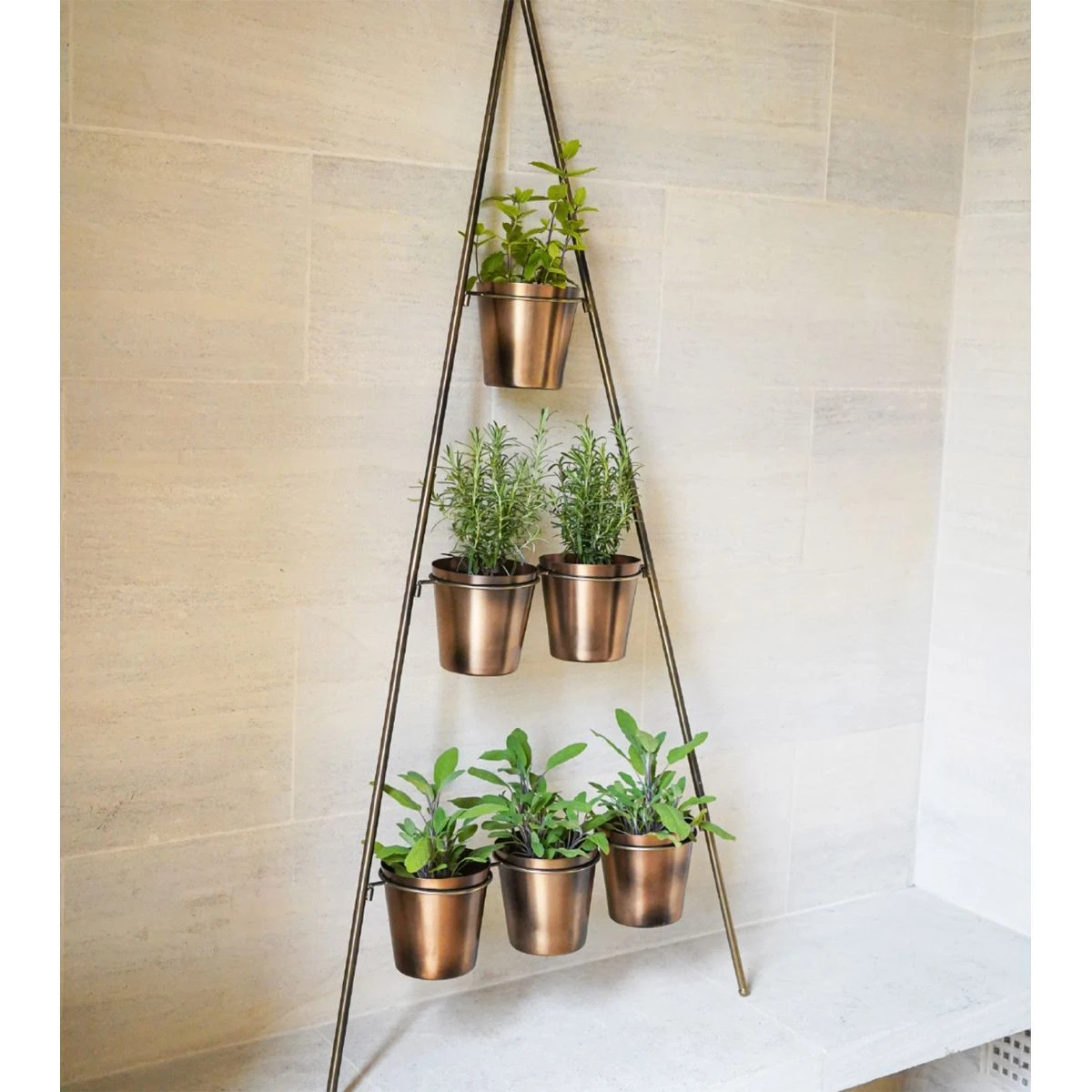 Outdoor Vertical Gold Metal Wall Plant Stand With Planters - Large